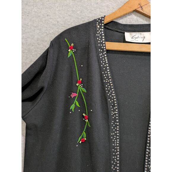 Collection by Shiny NYC Cardigan Womens Black Embroidered Open Front Sweater - Picture 2 of 10